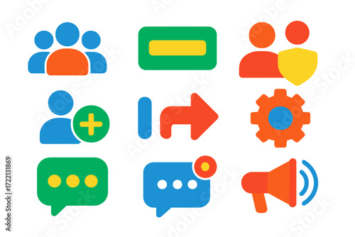 Group Chat Icons. Flat vector icons of group chat features: group avatar, group name tag, group admin badge, add participant icon,