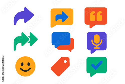 Minimalist Messaging Icons. Flat vector icons of reply options: reply arrow icon, forward message icon, quote message, reply all