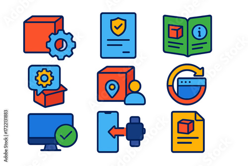 Vibrant Product Support Icons. Flat vector icons of product support: product gear icon, warranty document, instruction manual,