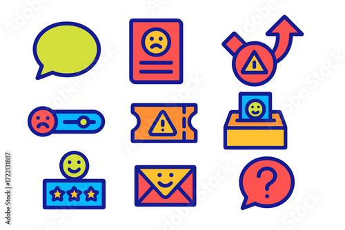 Feedback Support Icons. Flat vector icons of feedback and complaint support: feedback bubble, complaint form icon, issue