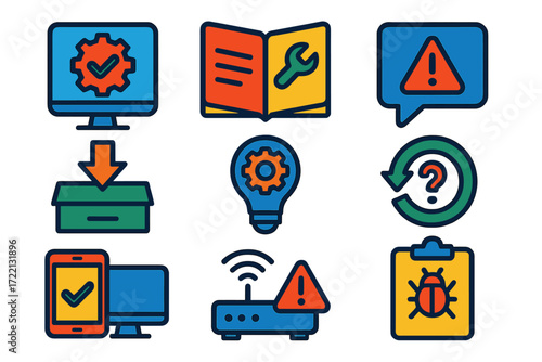Technical FAQ Icons. Flat vector icons of technical FAQ categories: system requirements, setup guide icon, error message FAQ,