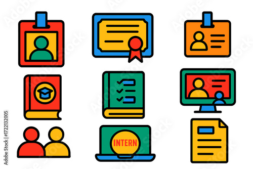 Internship Icons Set. Flat vector icons of internship and entry-level careers: student badge icon, internship certificate, junior