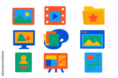 Creative Portfolio Icons. Flat vector icons of creative portfolio elements: image gallery icon, video reel frame, document folder