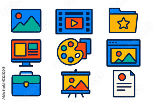 Creative Portfolio Icons. Flat vector icons of creative portfolio elements: image gallery icon, video reel frame, document folder