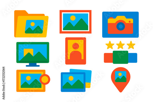 Vibrant Gallery Icons. Flat vector icons of photography galleries: photo album folder, image stack with frame, gallery icon with