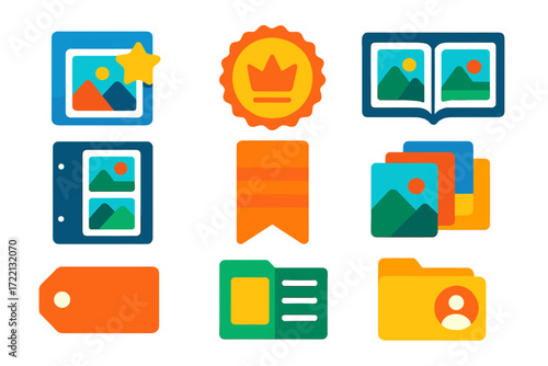 Vibrant Icon Set. Flat vector icons of curated collections: photo set with star icon, editor’s pick badge, best-of album, themed