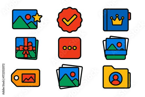 Vibrant Icon Set. Flat vector icons of curated collections: photo set with star icon, editor’s pick badge, best-of album, themed