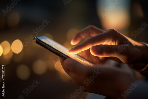Hands use a glowing smartphone at night against a blurry bokeh background. Symbolizes digital connection, technology, communication, and modern-day life.

