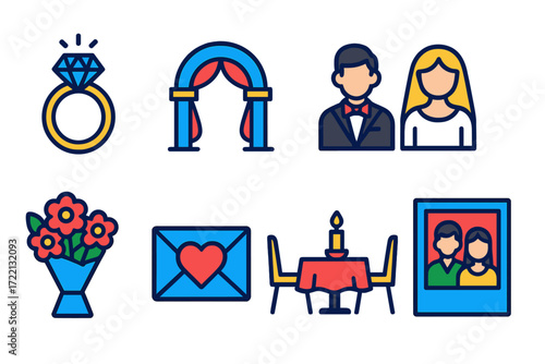Romantic Wedding Icons. Flat vector icons of wedding and romantic events: wedding ring icon, heart balloon, wedding arch symbol,