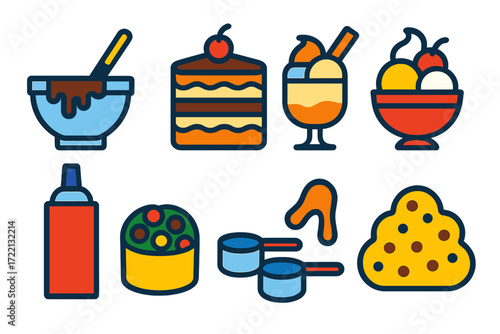 Dessert Icon Set. Flat vector icons of dessert recipes: chocolate melting bowl, layered cake, dessert glass, ice cream sundae,