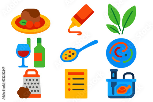 Gourmet Recipe Icons. Flat vector icons of gourmet recipes: plated gourmet dish, sauce drizzle, fine herbs, wine pairing, tasting