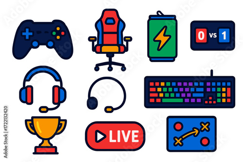 Esports Icon Set. Flat vector icons of esports and digital sports: gaming controller, gaming chair, energy drink, scoreboard