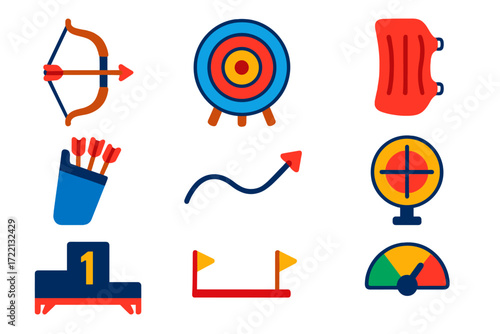 Vibrant Archery Icons. Flat vector icons of archery: bow and arrow, bullseye target, arm guard, quiver icon, arrow flight path,