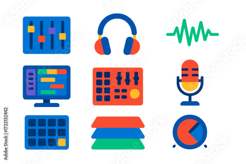 Music Production Icons. Flat vector icons of music production: sound mixer, studio headphones, audio waveform, DAW screen, MIDI