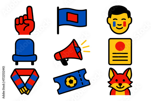 Sports Fan Icons. Flat vector icons of fan culture in sports: foam finger, team flag, face paint, stadium seat, cheering megaphone