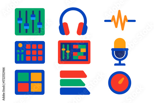 Music Production Icons. Flat vector icons of music production: sound mixer, studio headphones, audio waveform, DAW screen, MIDI