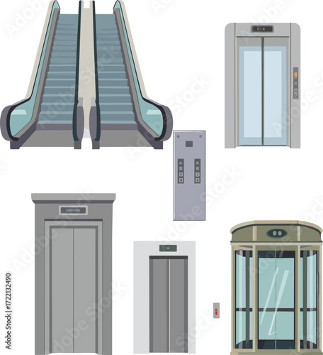 Elevator and escalator vector illustration, modern lift design, building transport, glass elevator, escalator stairs, urban architecture, commercial mall interior equipment, up down