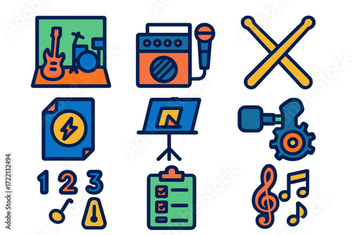 Vibrant Band Icons. Flat vector icons of band practice: rehearsal room, amp and mic, drumsticks crossed, band logo sheet, music