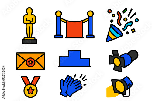 Movie Awards Icons. Flat vector icons of movie awards: golden statue, red carpet entrance, trophy cup, award envelope, spotlight,