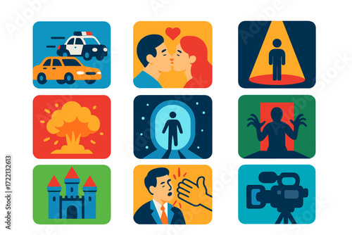 Diverse Movie Icons. Flat vector icons of movie scenes: chase scene, romantic kiss, dramatic spotlight, action explosion, sci-fi