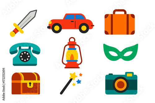 Vibrant Movie Props Icons. Flat vector icons of movie props: sword, vintage car, suitcase, telephone, lantern, costume mask,