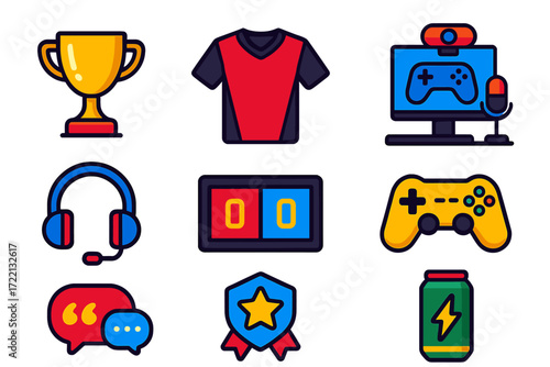 Esports Icon Collection. Flat vector icons of esports: tournament trophy, team jersey, streaming setup, gaming headset, scoreboard