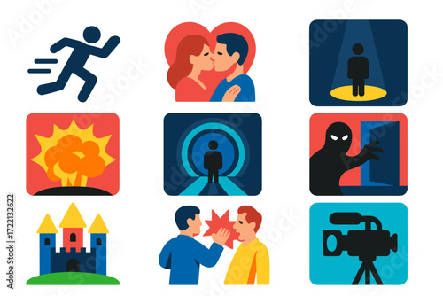 Diverse Movie Icons. Flat vector icons of movie scenes: chase scene, romantic kiss, dramatic spotlight, action explosion, sci-fi