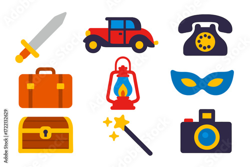Vibrant Movie Props Icons. Flat vector icons of movie props: sword, vintage car, suitcase, telephone, lantern, costume mask,