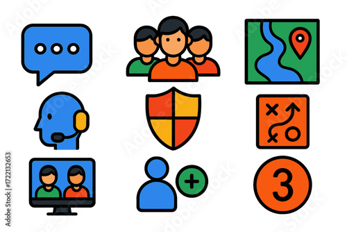 Multiplayer Game Icons. Flat vector icons of multiplayer games: team chat, group avatars, shared map, strategy planning, alliance