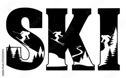 Skiing wordmark with skiers and mountain landscape inside, ski, winter sport, snow, outdoor adventure, alpine