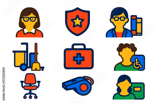 School Staff Icons. Flat vector icons of school staff: teacher avatar, principal badge, librarian icon, janitor trolley, nurse kit