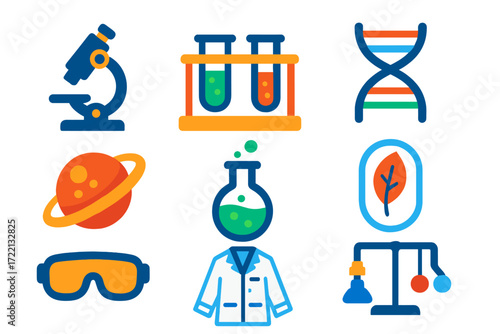 School Science Icons. Flat vector icons of school science programs: microscope, test tube rack, DNA helix, planetarium projector,