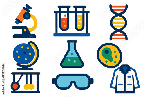 School Science Icons. Flat vector icons of school science programs: microscope, test tube rack, DNA helix, planetarium projector,