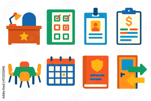 School Admin Icons. Flat vector icons of school administration: principal desk, attendance register, staff ID card, budget report,