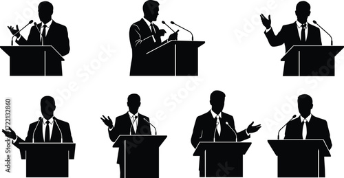 Public Speaker Silhouette Character Set Featuring Podium Gestures and Debate Poses for Editorial, Educational, and Civic-Themed Projects