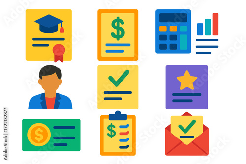 Financial Aid Icons. Flat vector icons of financial aid: scholarship certificate, loan document, calculator icon, payment plan