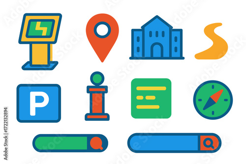 Campus Map Icons. Flat vector icons of campus map services: interactive kiosk, GPS pin, building icon, walkway path, parking zone,