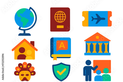 Study Abroad Icons. Flat vector icons of study abroad: world globe, passport visa, airplane ticket, host family house, language