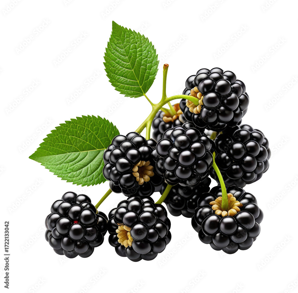 Fototapeta premium Ripe blackberries, branch, leaves, studio, food background