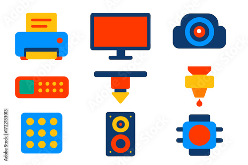 Bright Device Icons. Flat vector icons of output devices: laser printer, LED display, projector lens, braille display, CNC cutter,
