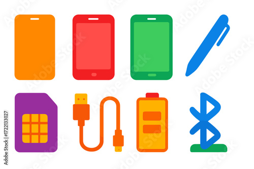 Mobile Device Icons. Flat vector icons of mobile devices: smartphone silhouette, tablet device, phablet, stylus pen, SIM card,