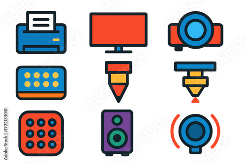 Bright Device Icons. Flat vector icons of output devices: laser printer, LED display, projector lens, braille display, CNC cutter,