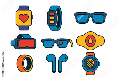 Wearable Tech Icons. Flat vector icons of wearable tech gadgets: smartwatch, fitness band, smart glasses, VR headset, AR glasses,