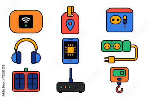 Travel Gadgets Icons. Flat vector icons of travel gadgets: portable Wi-Fi hotspot, luggage tracker, travel adapter,
