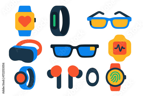 Wearable Tech Icons. Flat vector icons of wearable tech gadgets: smartwatch, fitness band, smart glasses, VR headset, AR glasses,