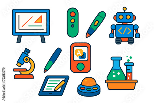 Educational Tech Icons. Flat vector icons of educational gadgets: electronic whiteboard, smart pointer, coding robot, digital