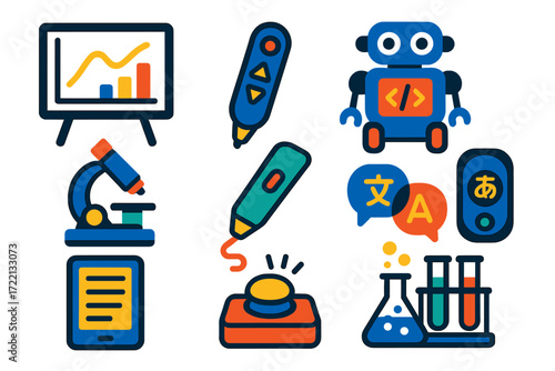 Educational Tech Icons. Flat vector icons of educational gadgets: electronic whiteboard, smart pointer, coding robot, digital