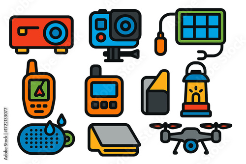 Outdoor Gadget Icons. Flat vector icons of outdoor gadgets: portable projector, action camera, solar charger, GPS handheld,