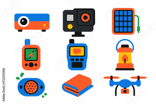 Outdoor Gadget Icons. Flat vector icons of outdoor gadgets: portable projector, action camera, solar charger, GPS handheld,