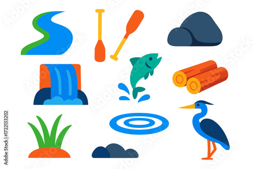 River Journey Icons. Flat vector icons of river journey: river bend, canoe paddle, river rock, waterfall, fish leap, log raft,